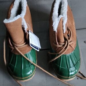 Kids Brown and Green Sherpa-Lined Duck Boots